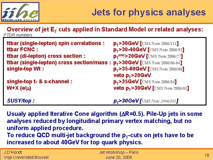 Jets for physics analyses Overview of jet ET cuts applied in Standard Model or