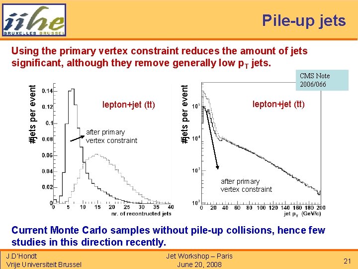 Pile-up jets lepton+jet (tt) after primary vertex constraint CMS Note 2006/066 #jets per event
