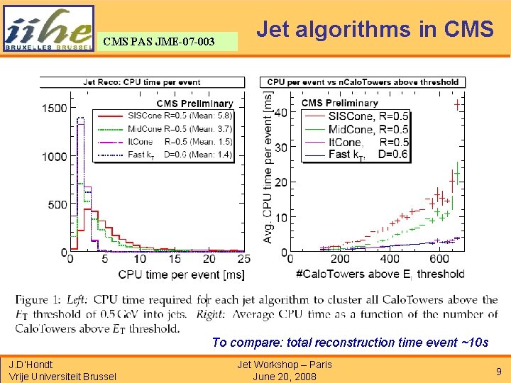 CMS PAS JME-07 -003 Jet algorithms in CMS To compare: total reconstruction time event