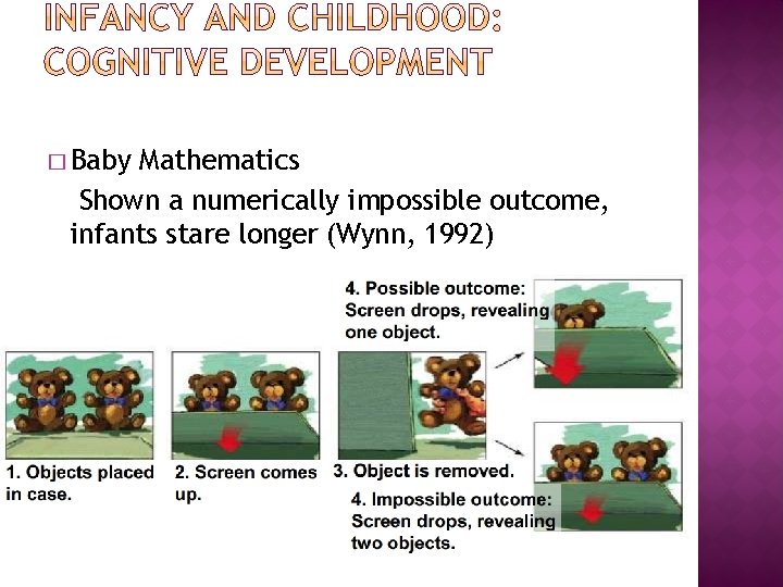 � Baby Mathematics Shown a numerically impossible outcome, infants stare longer (Wynn, 1992) 