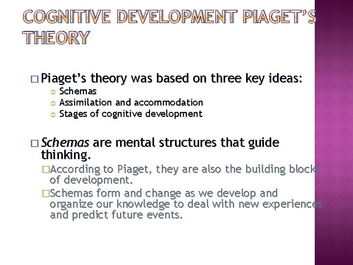 COGNITIVE DEVELOPMENT PIAGET’S THEORY � Piaget’s theory was based on Schemas Assimilation and accommodation