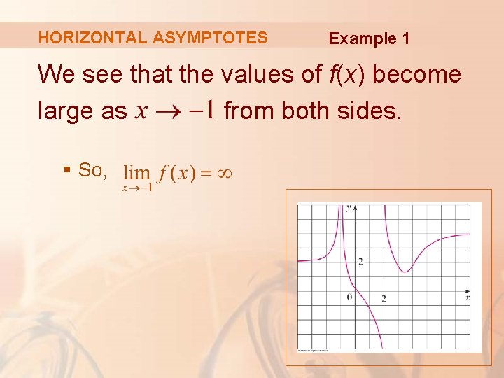 HORIZONTAL ASYMPTOTES Example 1 We see that the values of f(x) become large as