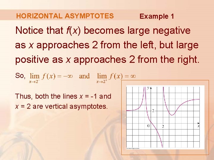 HORIZONTAL ASYMPTOTES Example 1 Notice that f(x) becomes large negative as x approaches 2