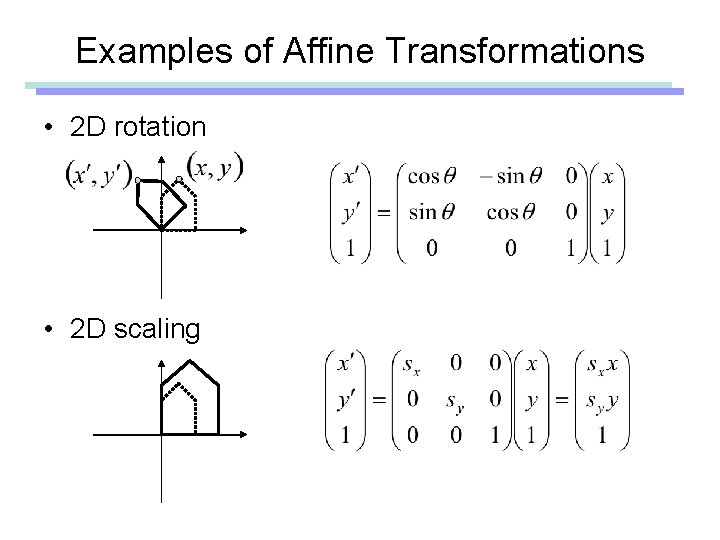 Examples of Affine Transformations • 2 D rotation • 2 D scaling Examples of Affine Transformations • 2 D rotation • 2 D scaling