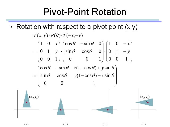 Pivot-Point Rotation • Rotation with respect to a pivot point (x, y) Pivot-Point Rotation • Rotation with respect to a pivot point (x, y)