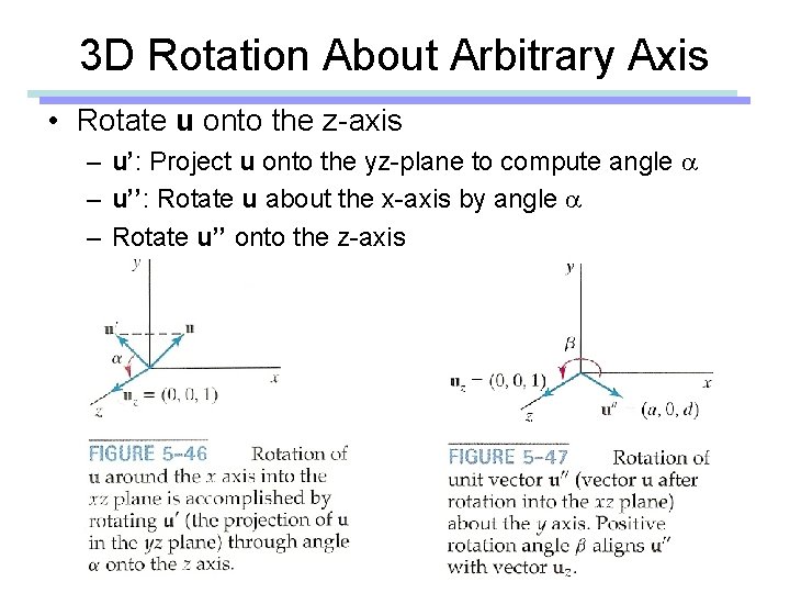 3 D Rotation About Arbitrary Axis • Rotate u onto the z-axis – u’: 3 D Rotation About Arbitrary Axis • Rotate u onto the z-axis – u’: