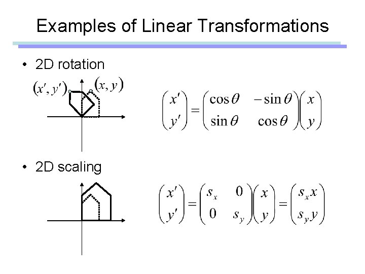 Examples of Linear Transformations • 2 D rotation • 2 D scaling Examples of Linear Transformations • 2 D rotation • 2 D scaling