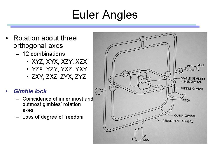 Euler Angles • Rotation about three orthogonal axes – 12 combinations • XYZ, XYX, Euler Angles • Rotation about three orthogonal axes – 12 combinations • XYZ, XYX,