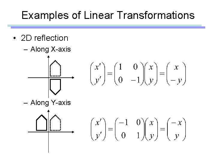 Examples of Linear Transformations • 2 D reflection – Along X-axis – Along Y-axis Examples of Linear Transformations • 2 D reflection – Along X-axis – Along Y-axis
