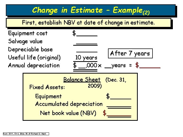 Change in Estimate – Example(2) First, establish NBV at date of change in estimate. Change in Estimate – Example(2) First, establish NBV at date of change in estimate.