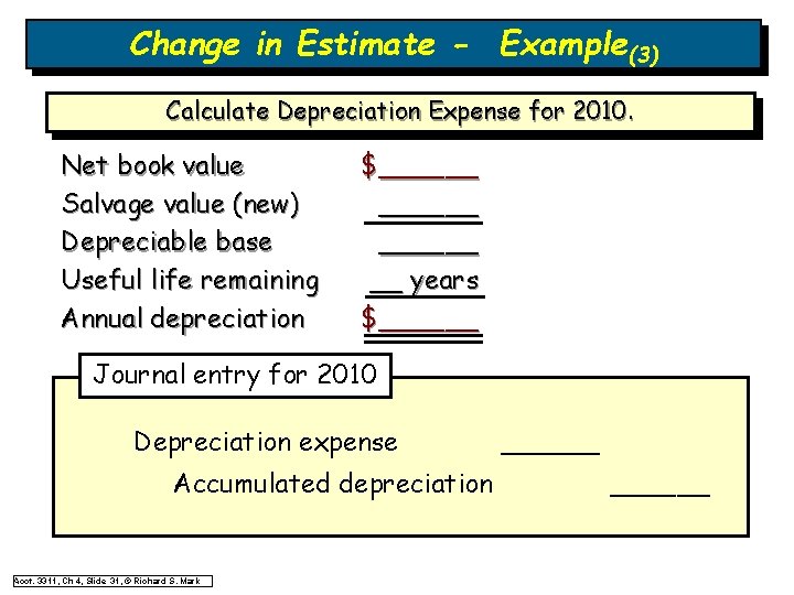 Change in Estimate - Example(3) Calculate Depreciation Expense for 2010. Net book value Salvage Change in Estimate - Example(3) Calculate Depreciation Expense for 2010. Net book value Salvage