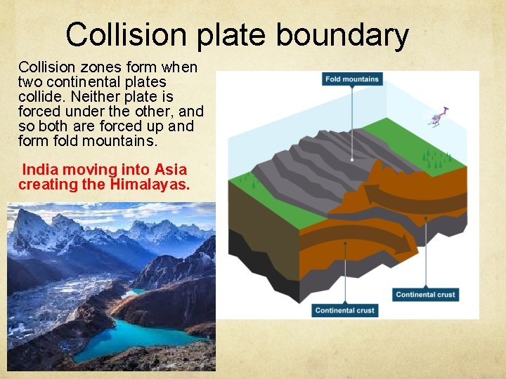 Collision plate boundary Collision zones form when two continental plates collide. Neither plate is