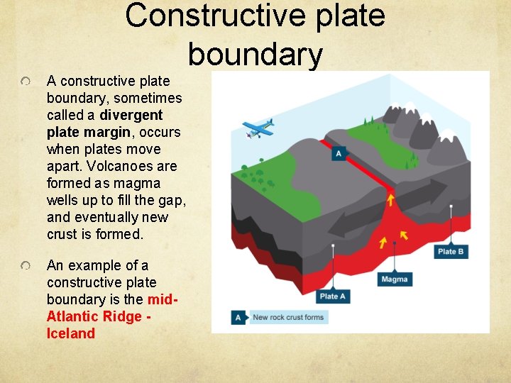 Constructive plate boundary A constructive plate boundary, sometimes called a divergent plate margin, occurs