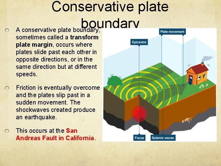 Conservative plate boundary A conservative plate boundary, sometimes called a transform plate margin, occurs