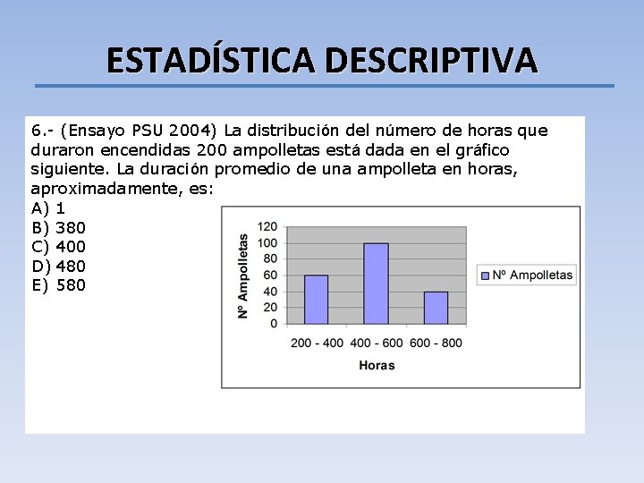 ESTADÍSTICA DESCRIPTIVA 6. - (Ensayo PSU 2004) La distribución del número de horas que