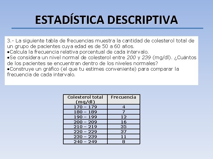 ESTADÍSTICA DESCRIPTIVA 3. - La siguiente tabla de frecuencias muestra la cantidad de colesterol