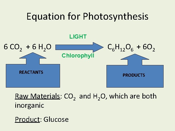 Equation for Photosynthesis LIGHT 6 CO 2 + 6 H 2 O Chlorophyll REACTANTS