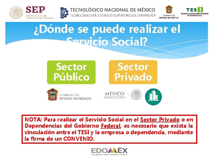 ¿Dónde se puede realizar el Servicio Social? Sector Público Sector Privado NOTA: Para realizar ¿Dónde se puede realizar el Servicio Social? Sector Público Sector Privado NOTA: Para realizar