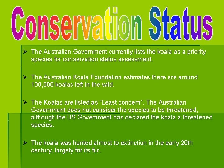 Ø The Australian Government currently lists the koala as a priority species for conservation Ø The Australian Government currently lists the koala as a priority species for conservation