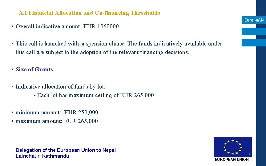 A. I Financial Allocation and Co-financing Thresholds Europe. Aid • Overall indicative amount: EUR A. I Financial Allocation and Co-financing Thresholds Europe. Aid • Overall indicative amount: EUR