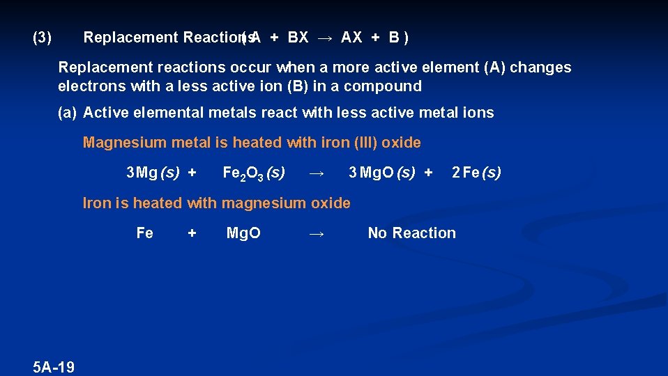 (3) Replacement Reactions ( A + BX → AX + B ) Replacement reactions
