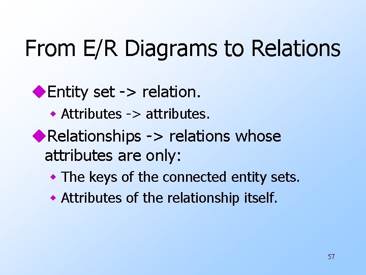 From E/R Diagrams to Relations u. Entity set -> relation. w Attributes -> attributes.