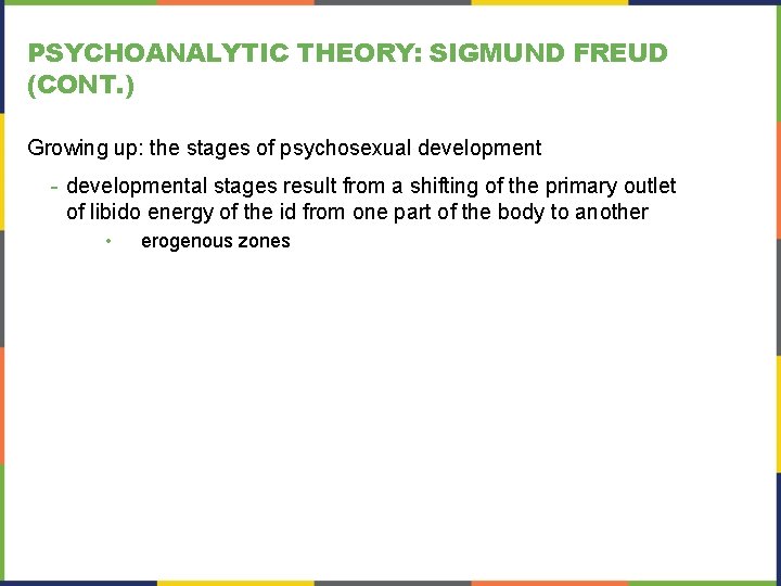 PSYCHOANALYTIC THEORY: SIGMUND FREUD (CONT. ) Growing up: the stages of psychosexual development -