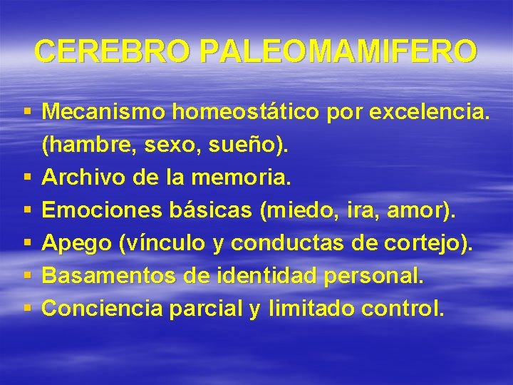 CEREBRO PALEOMAMIFERO § Mecanismo homeostático por excelencia. (hambre, sexo, sueño). § Archivo de la