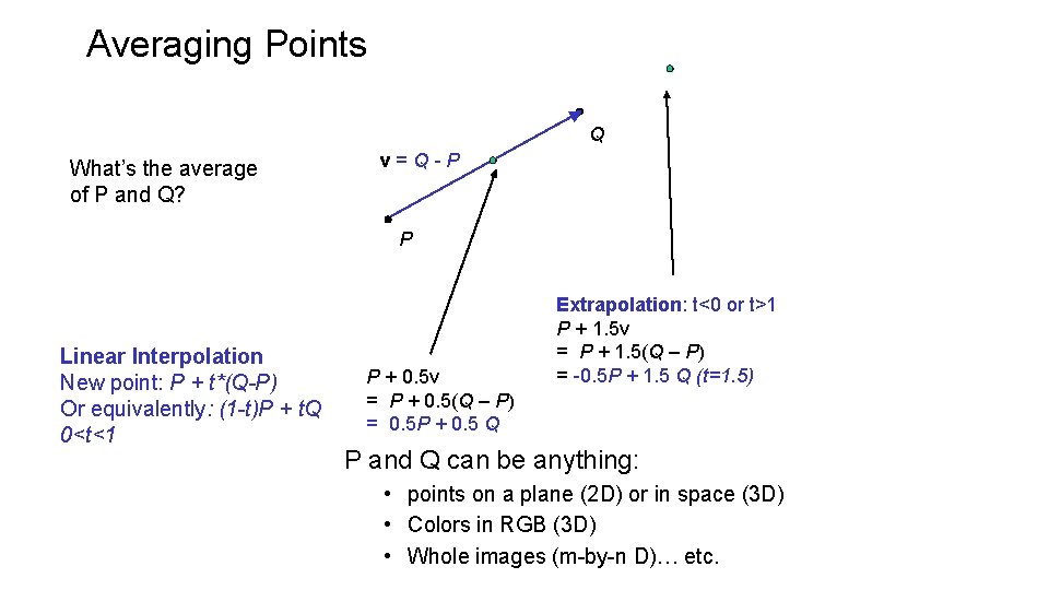 Averaging Points Q What’s the average of P and Q? v=Q-P P Linear Interpolation Averaging Points Q What’s the average of P and Q? v=Q-P P Linear Interpolation