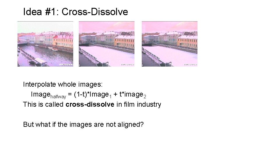 Idea #1: Cross-Dissolve Interpolate whole images: Imagehalfway = (1 -t)*Image 1 + t*image 2 Idea #1: Cross-Dissolve Interpolate whole images: Imagehalfway = (1 -t)*Image 1 + t*image 2
