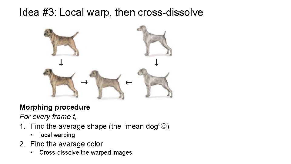 Idea #3: Local warp, then cross-dissolve Morphing procedure For every frame t, 1. Find Idea #3: Local warp, then cross-dissolve Morphing procedure For every frame t, 1. Find