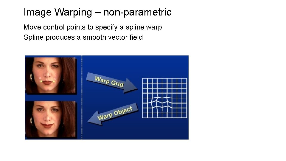 Image Warping – non-parametric Move control points to specify a spline warp Spline produces Image Warping – non-parametric Move control points to specify a spline warp Spline produces