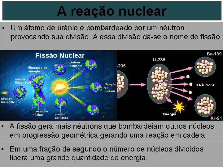 A reação nuclear • Um átomo de urânio é bombardeado por um nêutron provocando A reação nuclear • Um átomo de urânio é bombardeado por um nêutron provocando