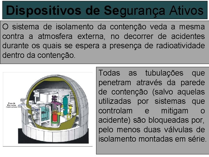 Dispositivos de Segurança Ativos O sistema de isolamento da contenção veda a mesma contra