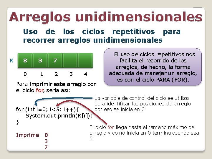 Uso de los ciclos repetitivos para recorrer arreglos unidimensionales K 8 3 7 0