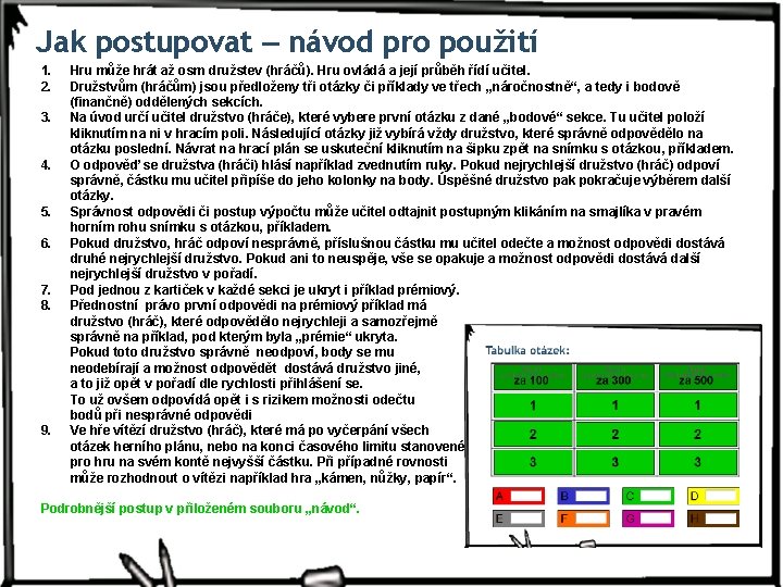 Jak postupovat ‒ návod pro použití 1. 2. Hru může hrát až osm družstev