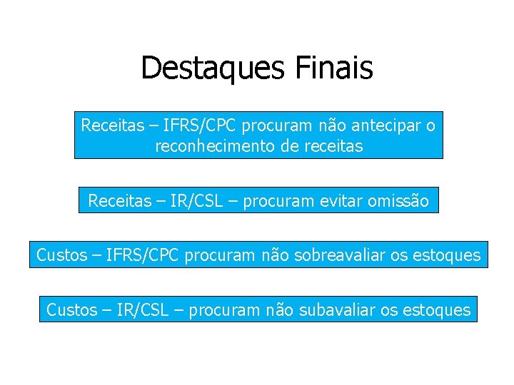 Destaques Finais Receitas – IFRS/CPC procuram não antecipar o reconhecimento de receitas Receitas –