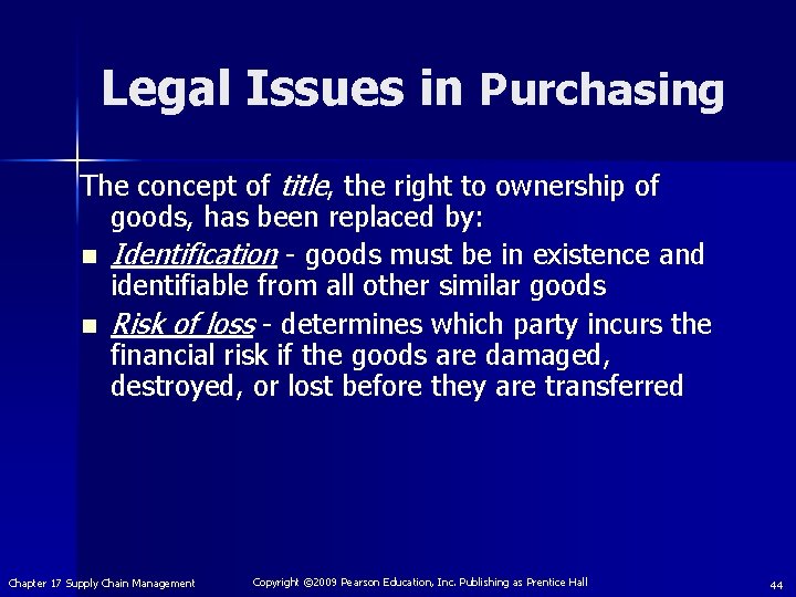 Legal Issues in Purchasing The concept of title, the right to ownership of goods,