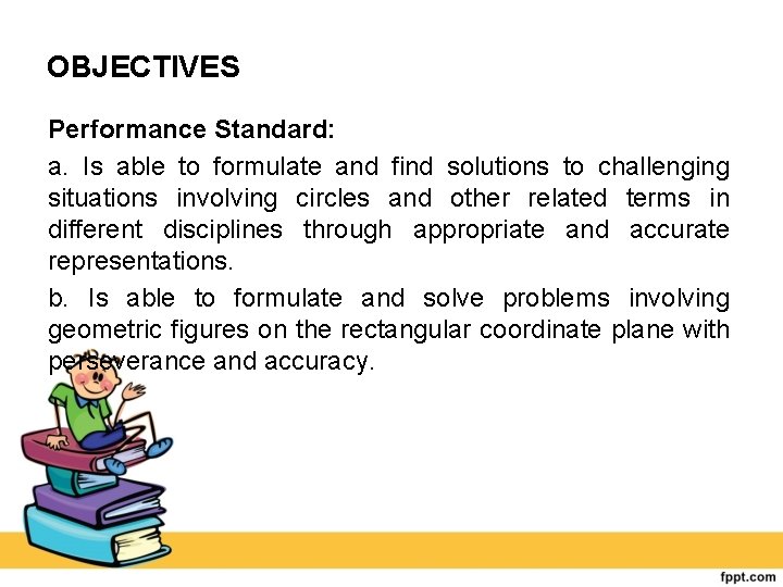 OBJECTIVES Performance Standard: a. Is able to formulate and find solutions to challenging situations