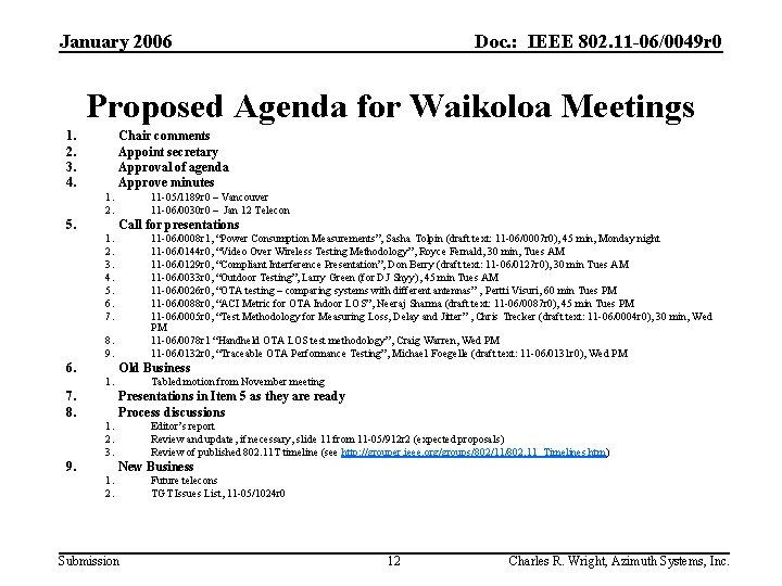 January 2006 Doc. : IEEE 802. 11 -06/0049 r 0 Proposed Agenda for Waikoloa