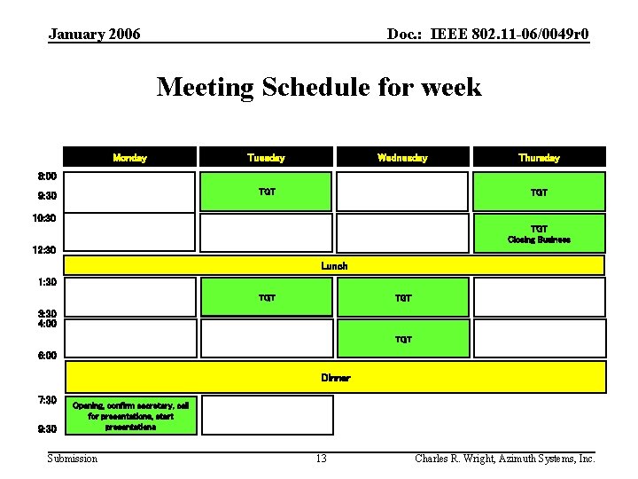 January 2006 Doc. : IEEE 802. 11 -06/0049 r 0 Meeting Schedule for week