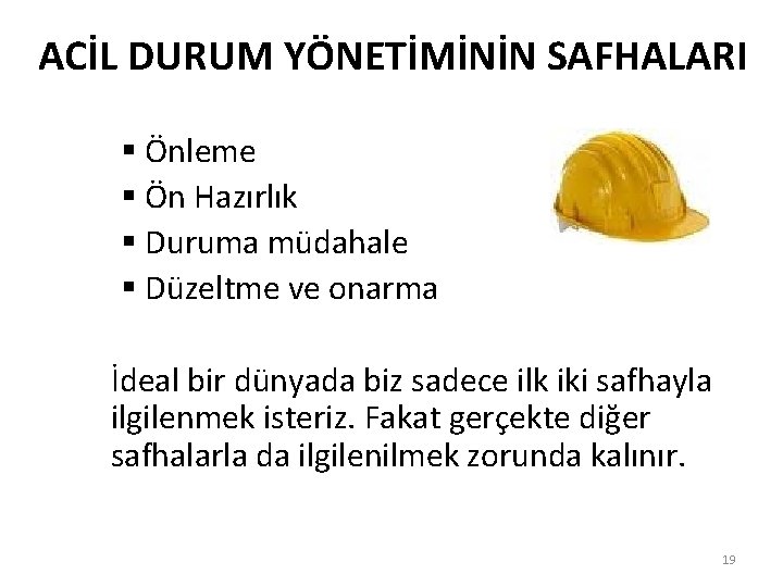 ACİL DURUM YÖNETİMİNİN SAFHALARI § Önleme § Ön Hazırlık § Duruma müdahale § Düzeltme