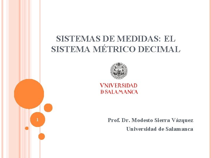 SISTEMAS DE MEDIDAS: EL SISTEMA MÉTRICO DECIMAL 1 Prof. Dr. Modesto Sierra Vázquez Universidad SISTEMAS DE MEDIDAS: EL SISTEMA MÉTRICO DECIMAL 1 Prof. Dr. Modesto Sierra Vázquez Universidad