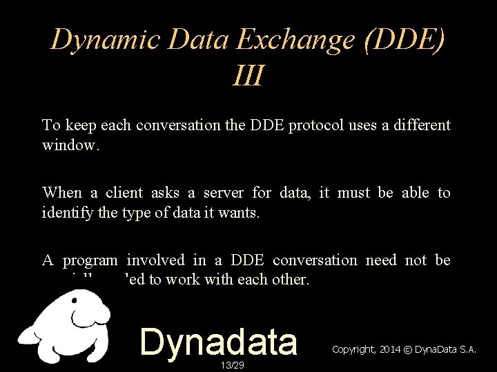 Dynamic Data Exchange (DDE) III To keep each conversation the DDE protocol uses a