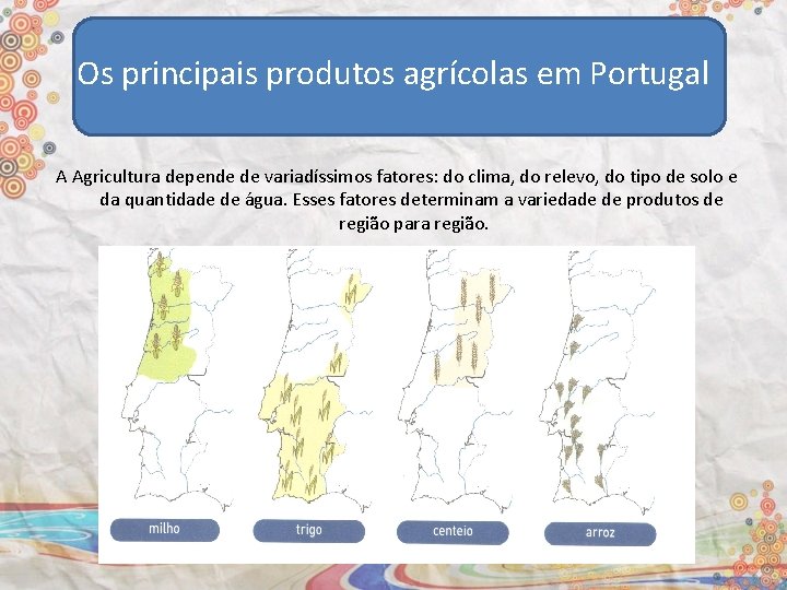 Os principais produtos agrícolas em Portugal A Agricultura depende de variadíssimos fatores: do clima,