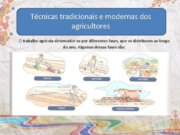 Técnicas tradicionais e modernas dos agricultores O trabalho agrícola desenvolve-se por diferentes fases, que