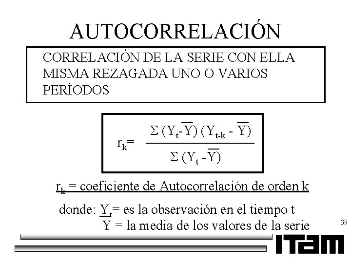 AUTOCORRELACIÓN DE LA SERIE CON ELLA MISMA REZAGADA UNO O VARIOS PERÍODOS rk= (Yt-Y)