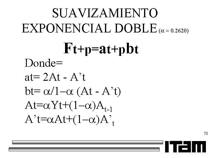 SUAVIZAMIENTO EXPONENCIAL DOBLE ( 0. 2620) Ft+p=at+pbt Donde= at= 2 At - A’t bt=