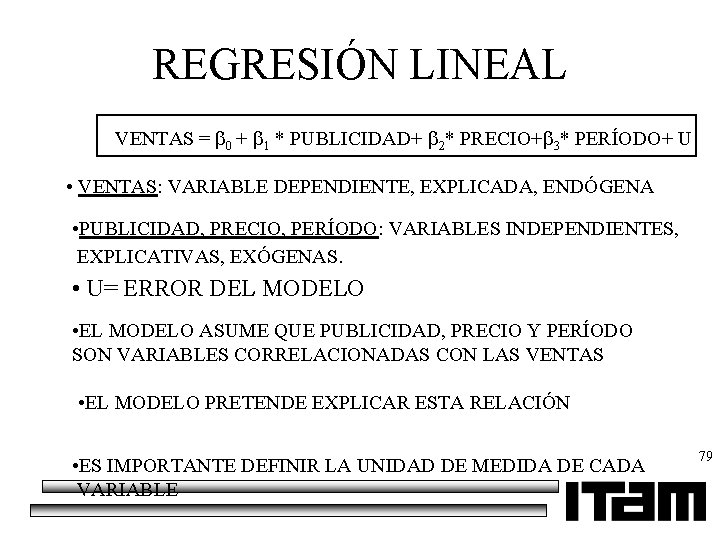REGRESIÓN LINEAL VENTAS = 0 + 1 * PUBLICIDAD+ 2* PRECIO+ 3* PERÍODO+ U