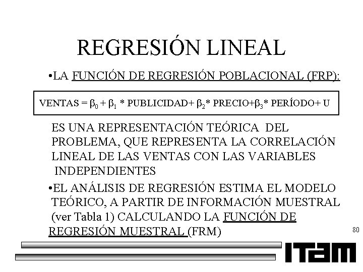 REGRESIÓN LINEAL • LA FUNCIÓN DE REGRESIÓN POBLACIONAL (FRP): VENTAS = 0 + 1
